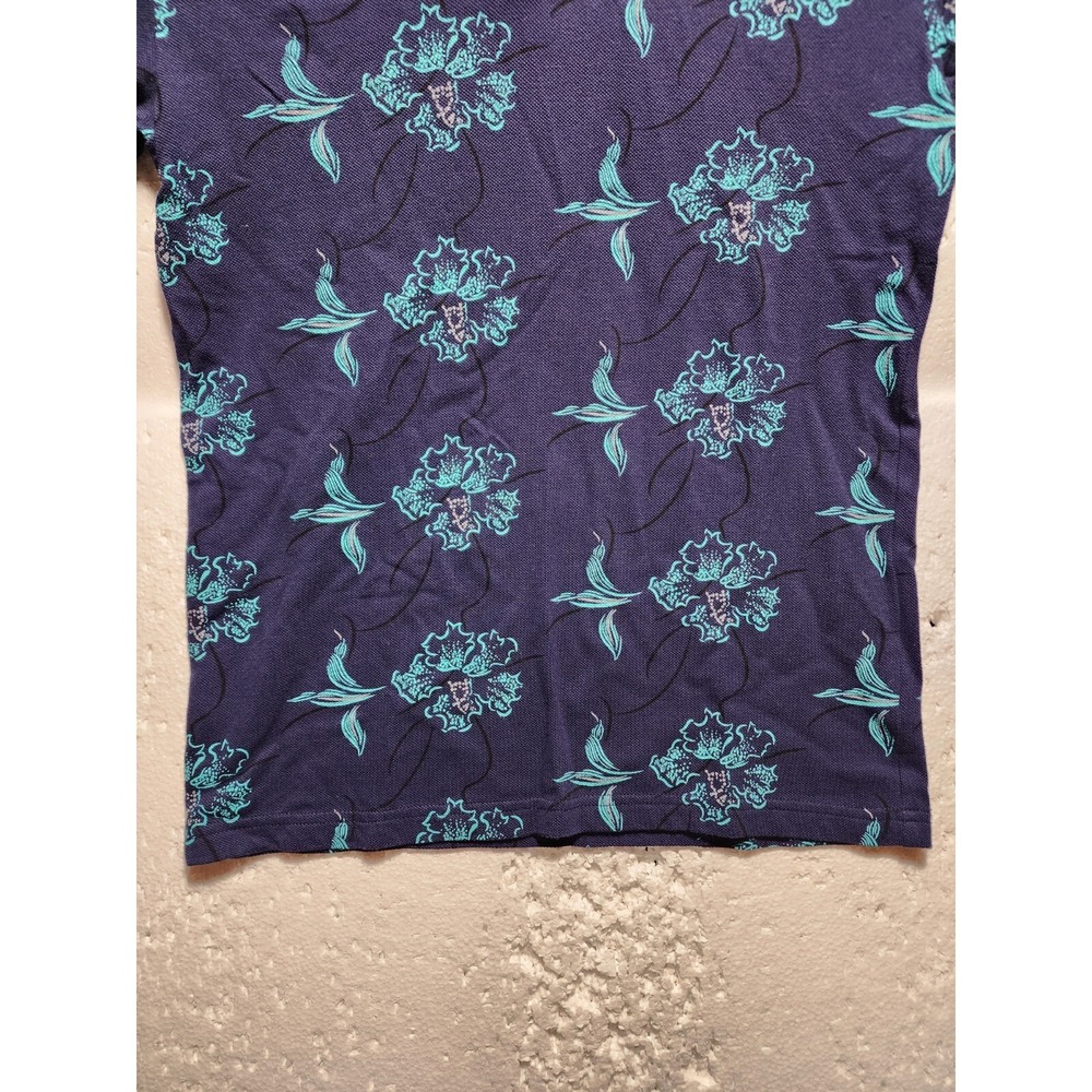 Guess Top Womens XL Blue Floral Short Sleeve Blouse Tank Collared Quarter Button - Picture 3 of 15